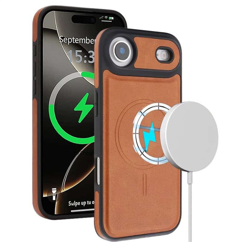 Chargeur sans fil pour iPhone avec coque en cuir, recharge rapide et élégante.