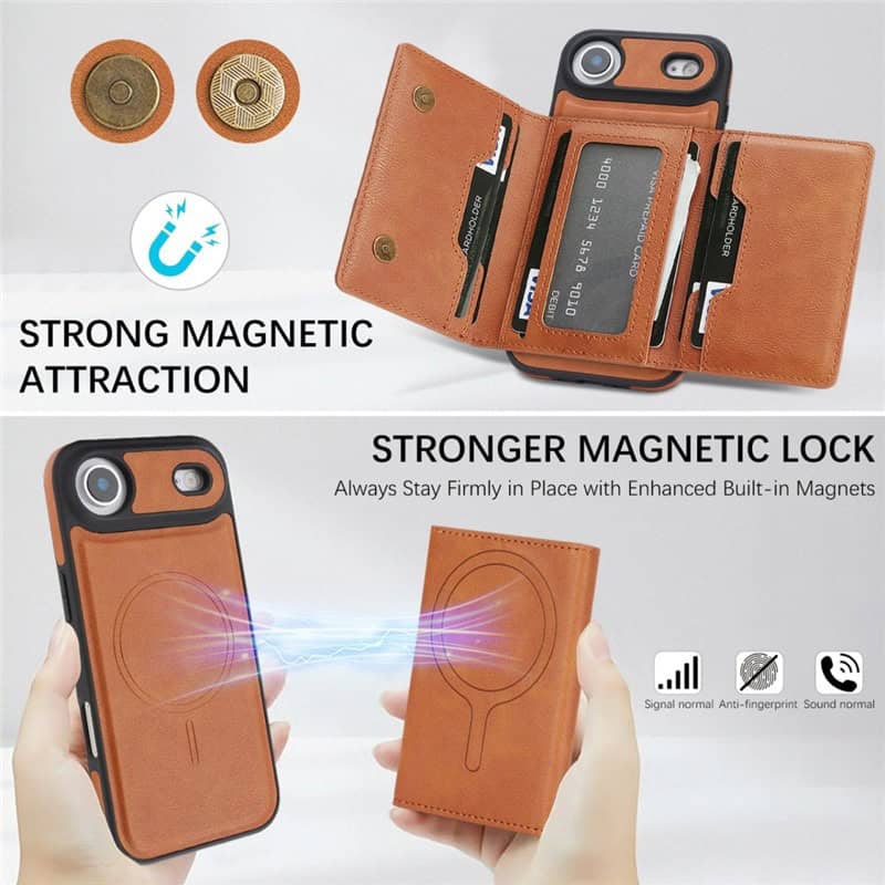 Casque magnétique pour téléphone avec portefeuille en cuir authentique, design pratique et sécurisé.