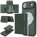 Couvre téléphone en cuir vert avec support pour station de charge sans fil.