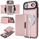Porte-cartes pour téléphone rose souple, style portefeuille avec support intégré et chargeur sans fil compatible iPhone et Android, protection élégante et pratique.