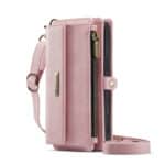 1. Pochette pour téléphone portable en cuir rose, design élégant et pratique.