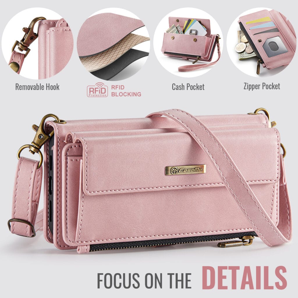 1. Sac à main en cuir rose avec poche zippée et porte-cartes RFID.