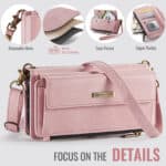 1. Sac à main en cuir rose avec poche zippée et porte-cartes RFID.