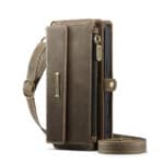 Sacoche smartphone en cuir beige, design élégant et fonctionnalité pratique.