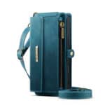 Porte-monnaie en cuir bleu avec bandoulière, poche zippée et compartiments pour téléphone portable.