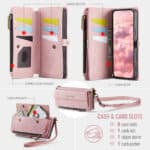 1. Porte-cartes en cuir rose avec plusieurs emplacements pour cartes et poche zippée.