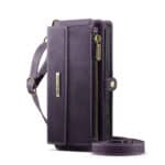 Bandoulière de sac en cuir violet avec zip et fermeture à pression, pratique et élégante.