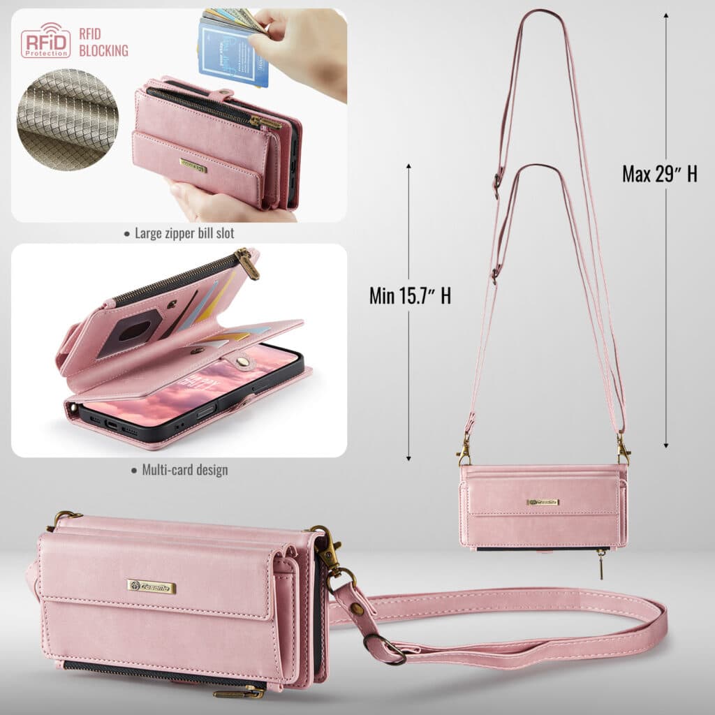 Cabas à bandoulière rose avec compartiment pour cartes et fermeture zippée RFID.