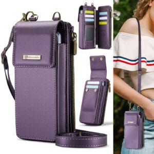 Accessoire de téléphone violet multifonctionnel avec rangement et porte-clés.