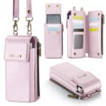 Porte-monnaie porte-cartes en cuir rose clair avec compartiments pour téléphone et cartes, style élégant et pratique.