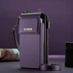 1. Purple leather bag with a zipper and adjustable shoulder strap.