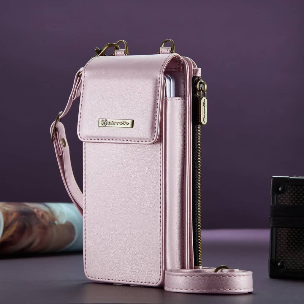 1. Pink leather bag with a front pocket; a trendy and practical style for accessories.