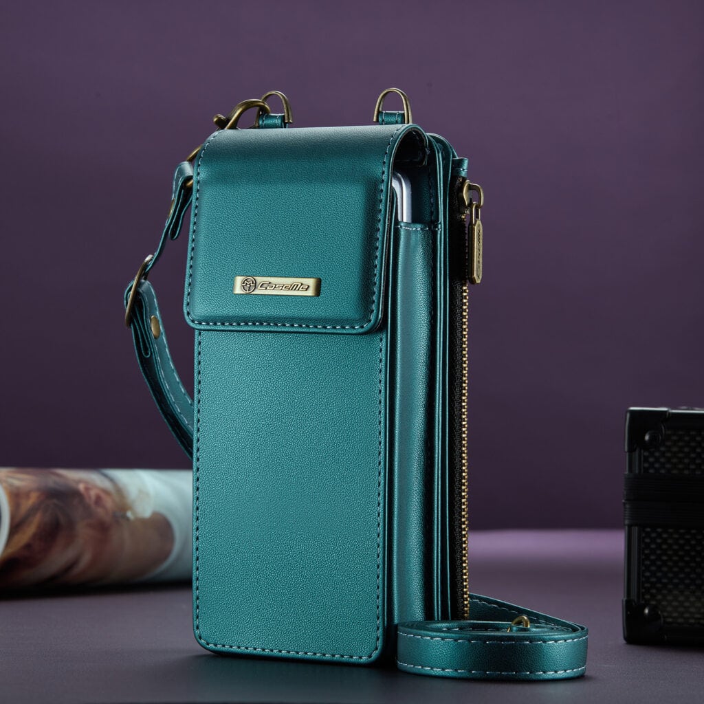 Turquoise leather card holder with a shoulder strap, for men and women; elegant and practical style.