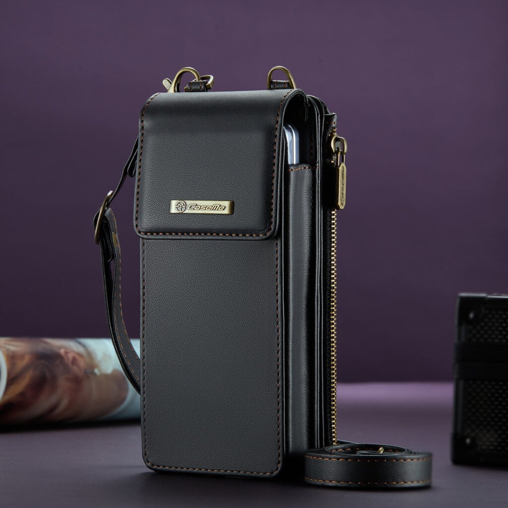 1. Black leather laptop bag with zipper and shoulder strap.