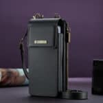 1. Black leather laptop bag with zipper and shoulder strap.