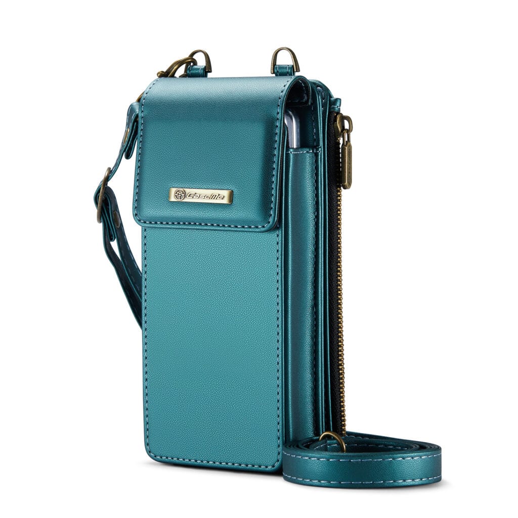 Bandoulière de sac à main en cuir bleu pastel avec poche, idéal pour accessoires mode.