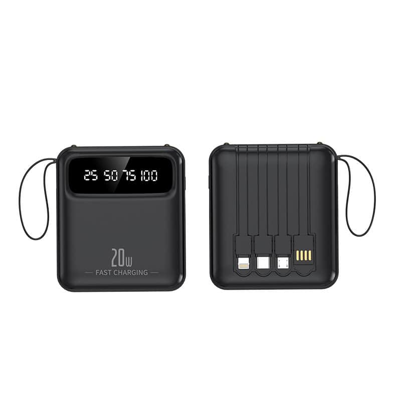 Chargeur portable compact avec écran digital et câble de recharge rapide, מתאים pour appareils mobiles et batteries externes.