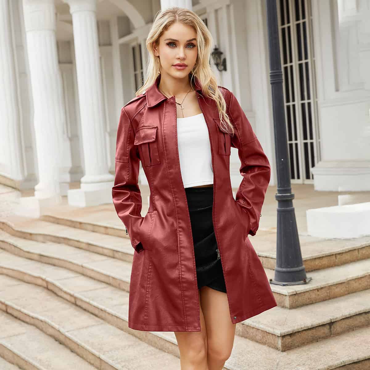Manteau mi-long en cuir avec ceinture 6652-02