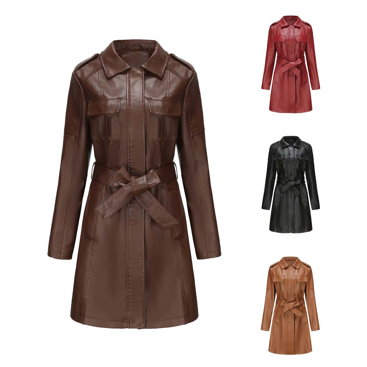 Manteau mi-long en cuir avec ceinture 6652-04