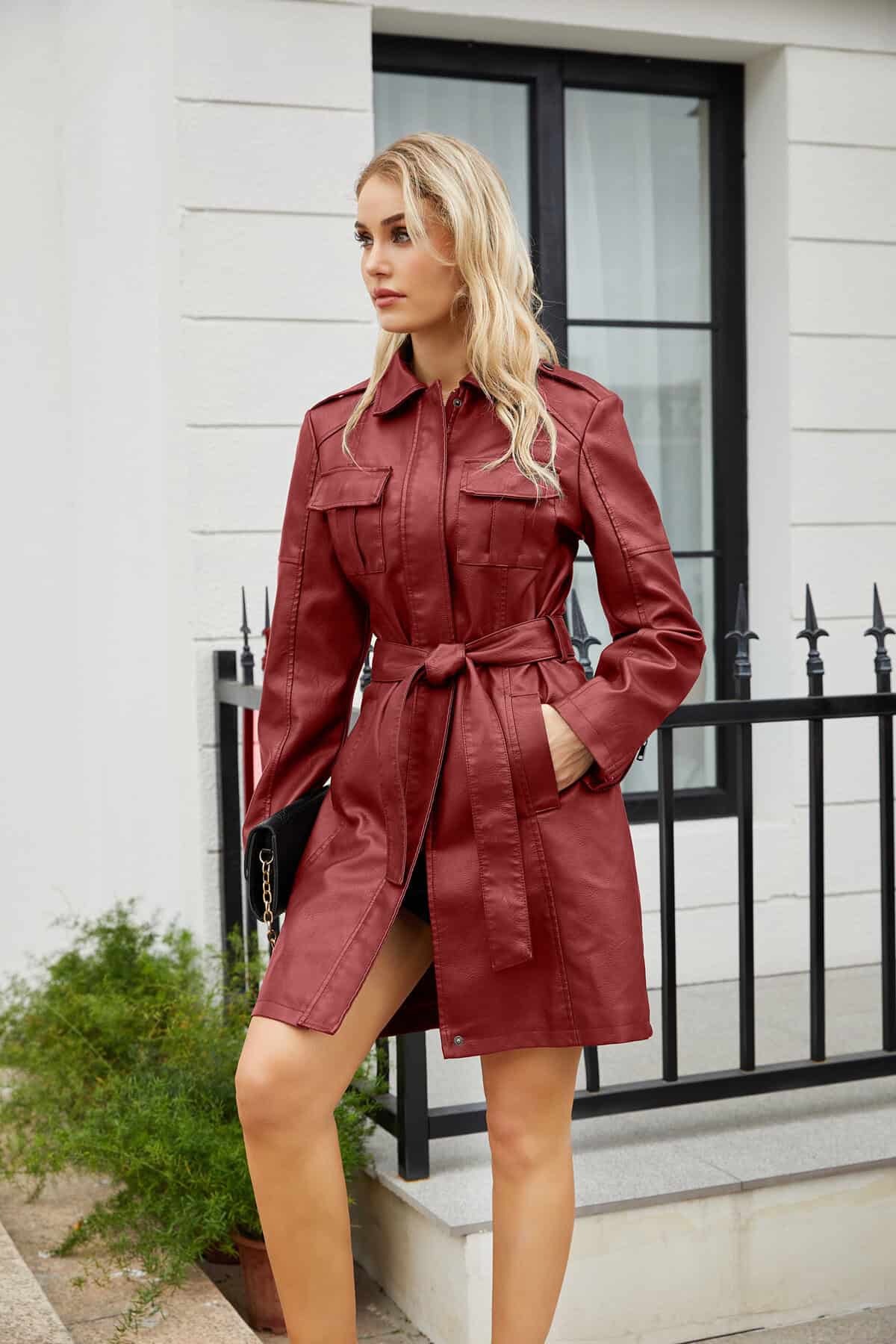 Manteau mi-long en cuir avec ceinture 6652 Demo 011