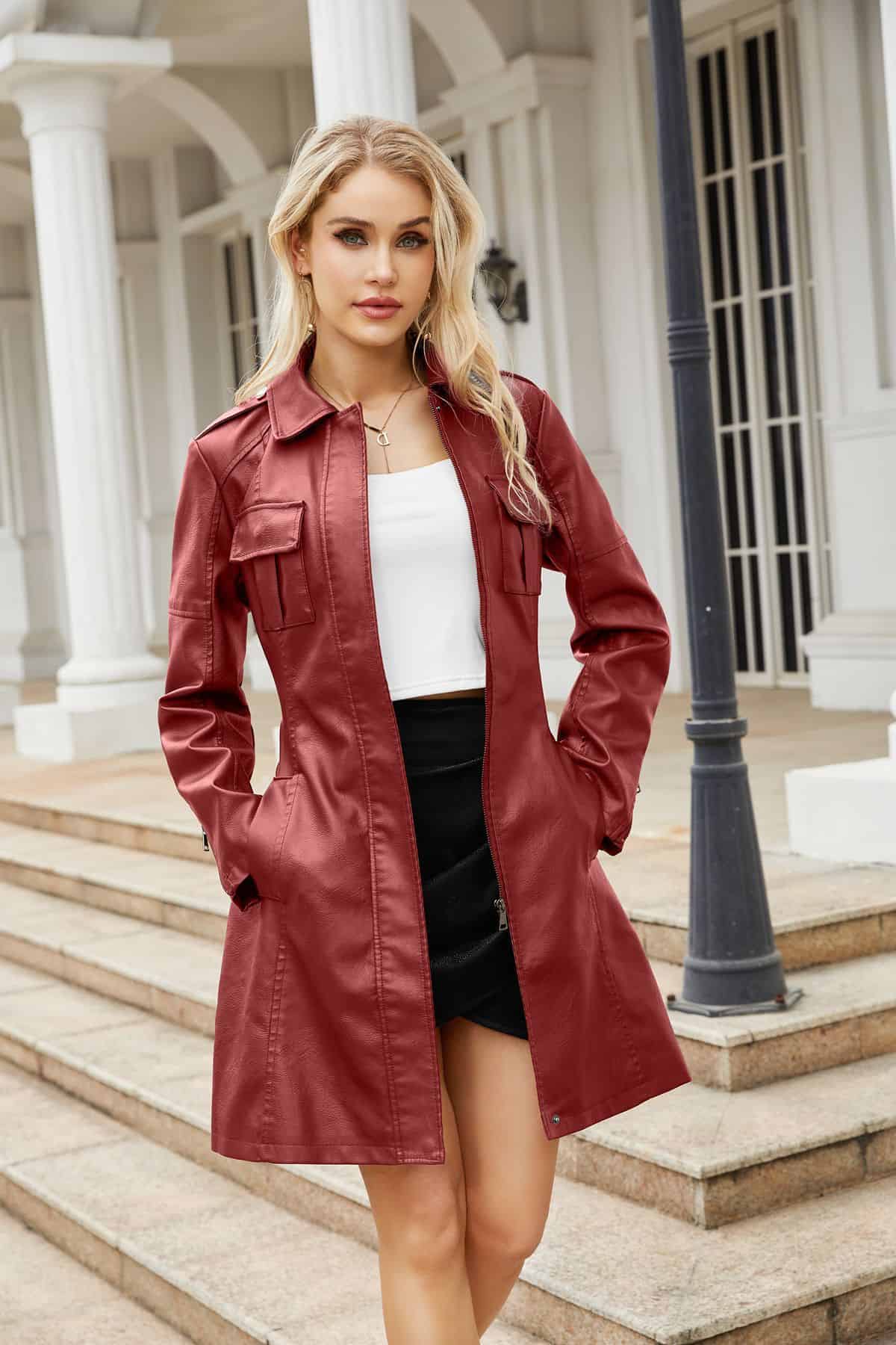 Manteau mi-long en cuir avec ceinture 6652 Demo 012