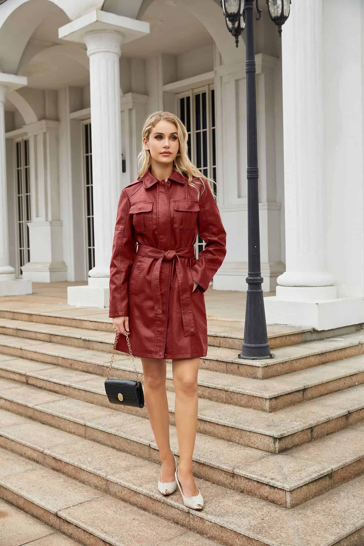 Manteau mi-long en cuir avec ceinture 6652 Demo 013