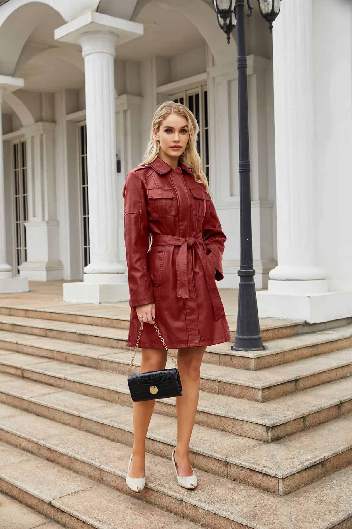 Manteau mi-long en cuir avec ceinture 6652 Demo 014