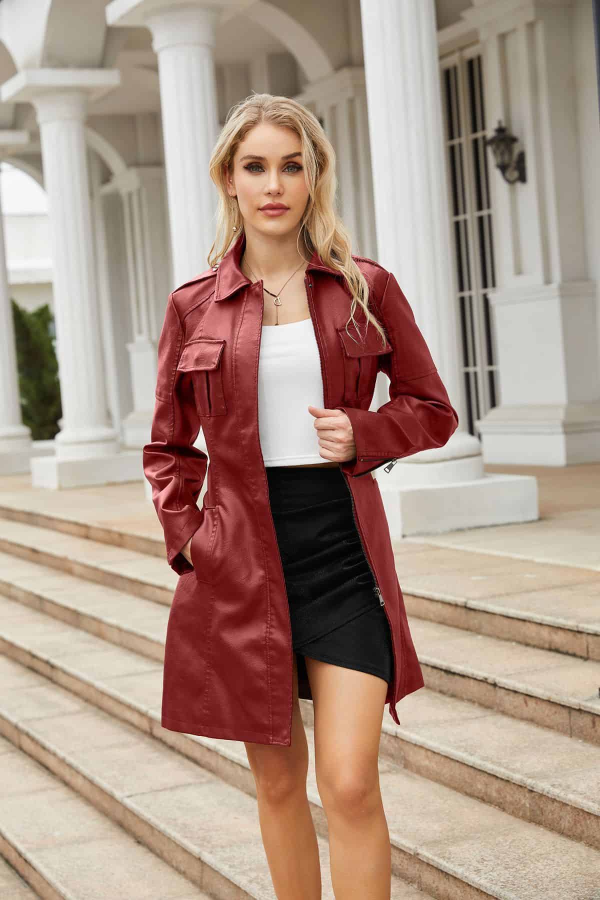 Manteau mi-long en cuir avec ceinture 6652 Demo 016