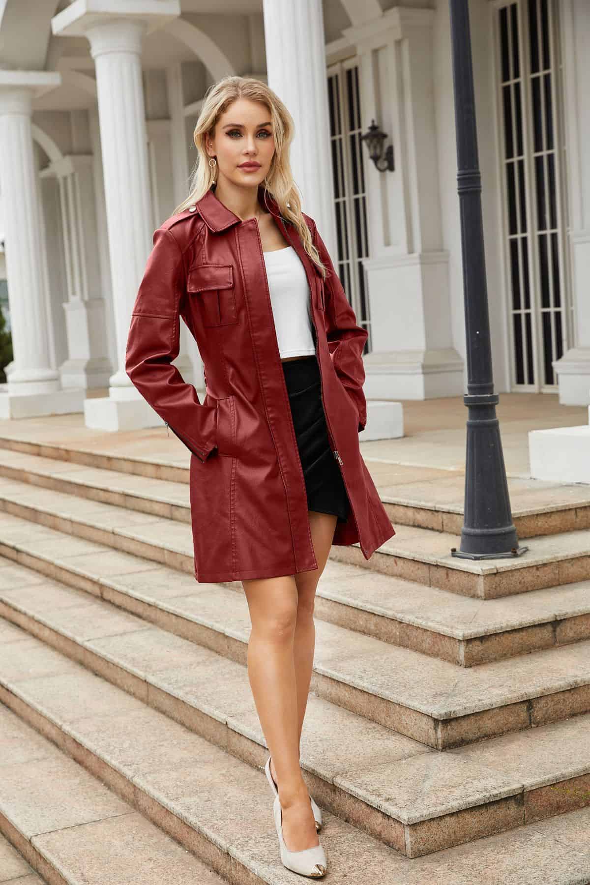 Manteau mi-long en cuir avec ceinture 6652 Demo 017
