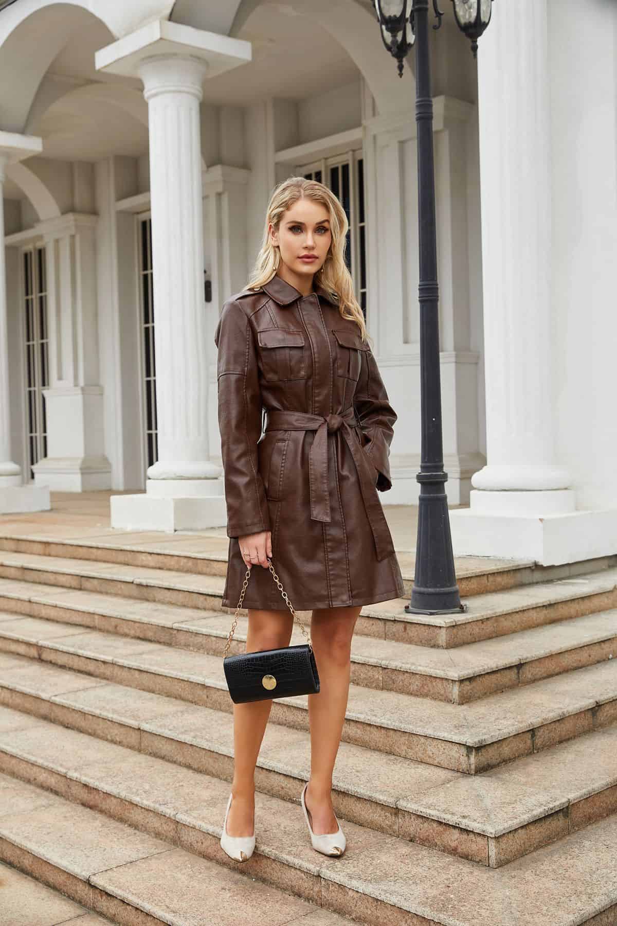 Manteau mi-long en cuir avec ceinture 6652 Demo 05