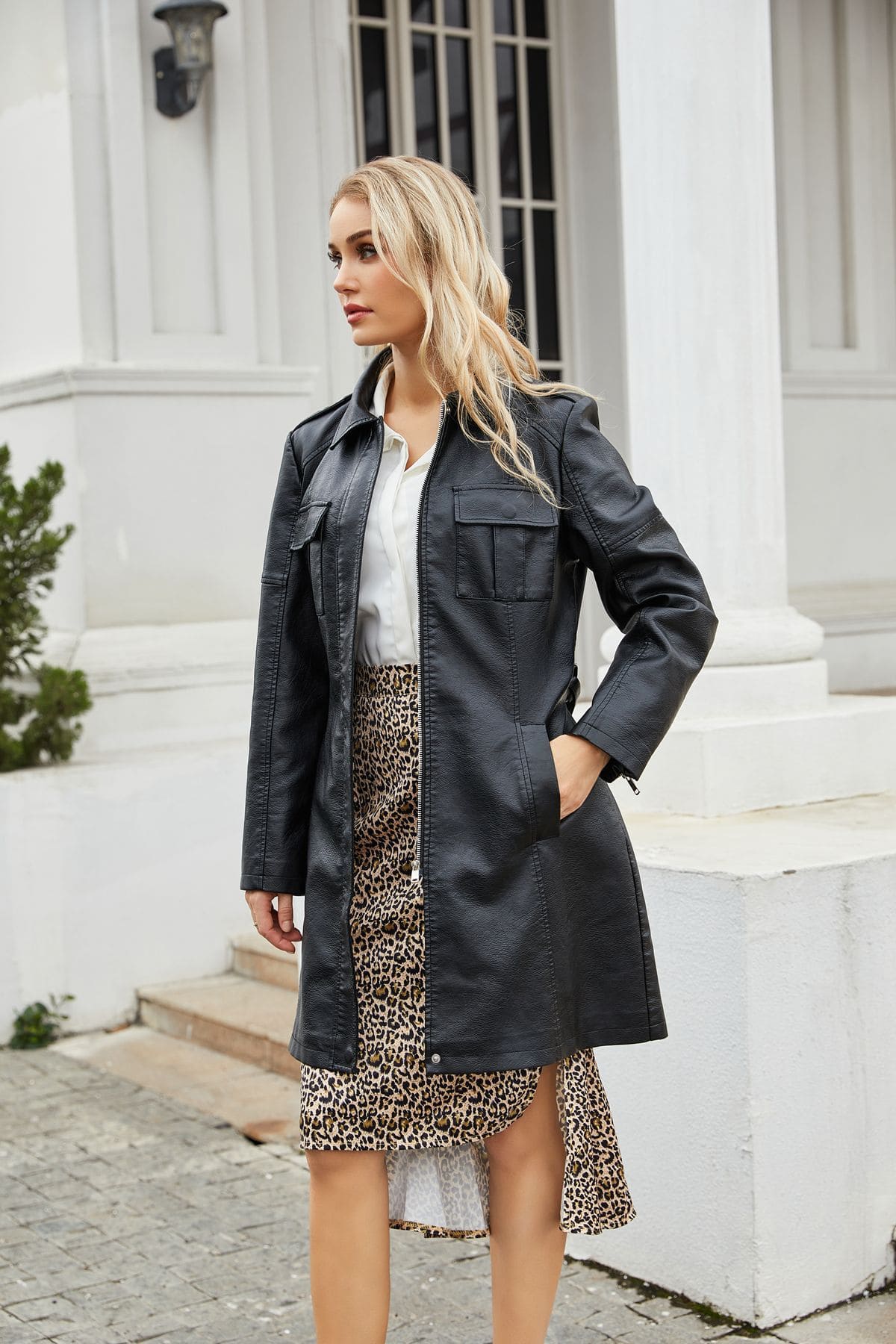 Manteau mi-long en cuir avec ceinture 6652 Demo 07