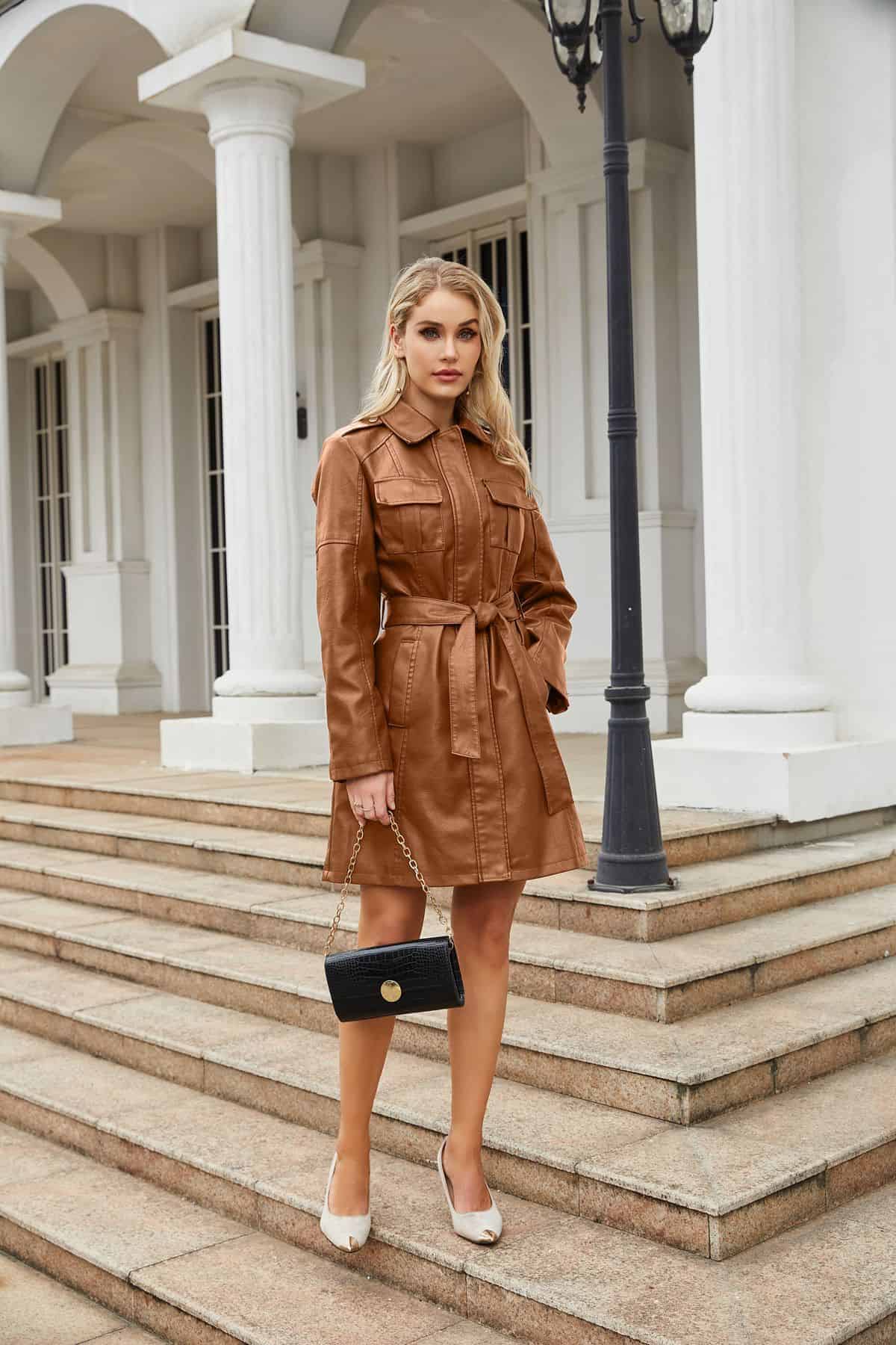 Manteau mi-long en cuir avec ceinture 6652 Demo 21