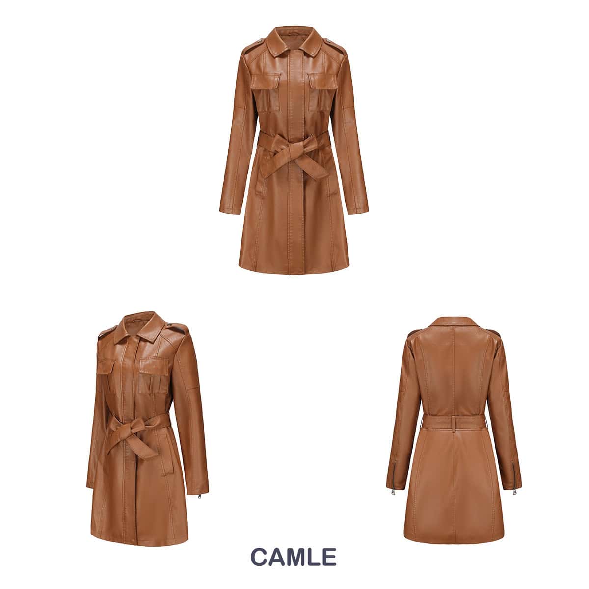 Manteau mi-long en cuir avec ceinture 6652 Demo 26