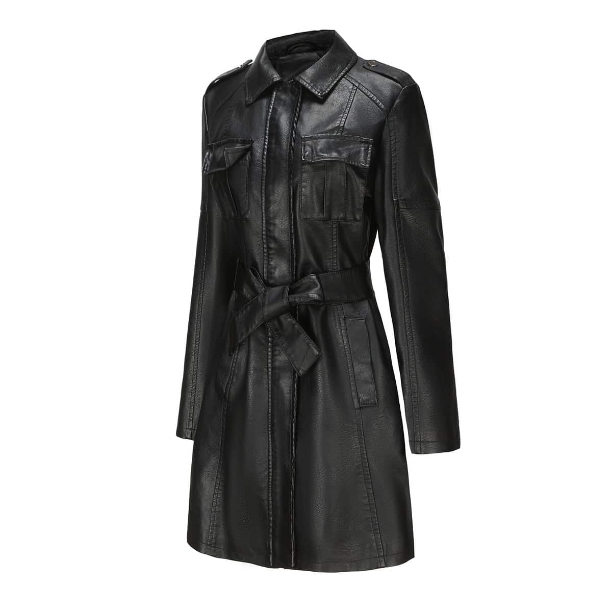 Manteau mi-long en cuir avec ceinture 6652 Demo 37