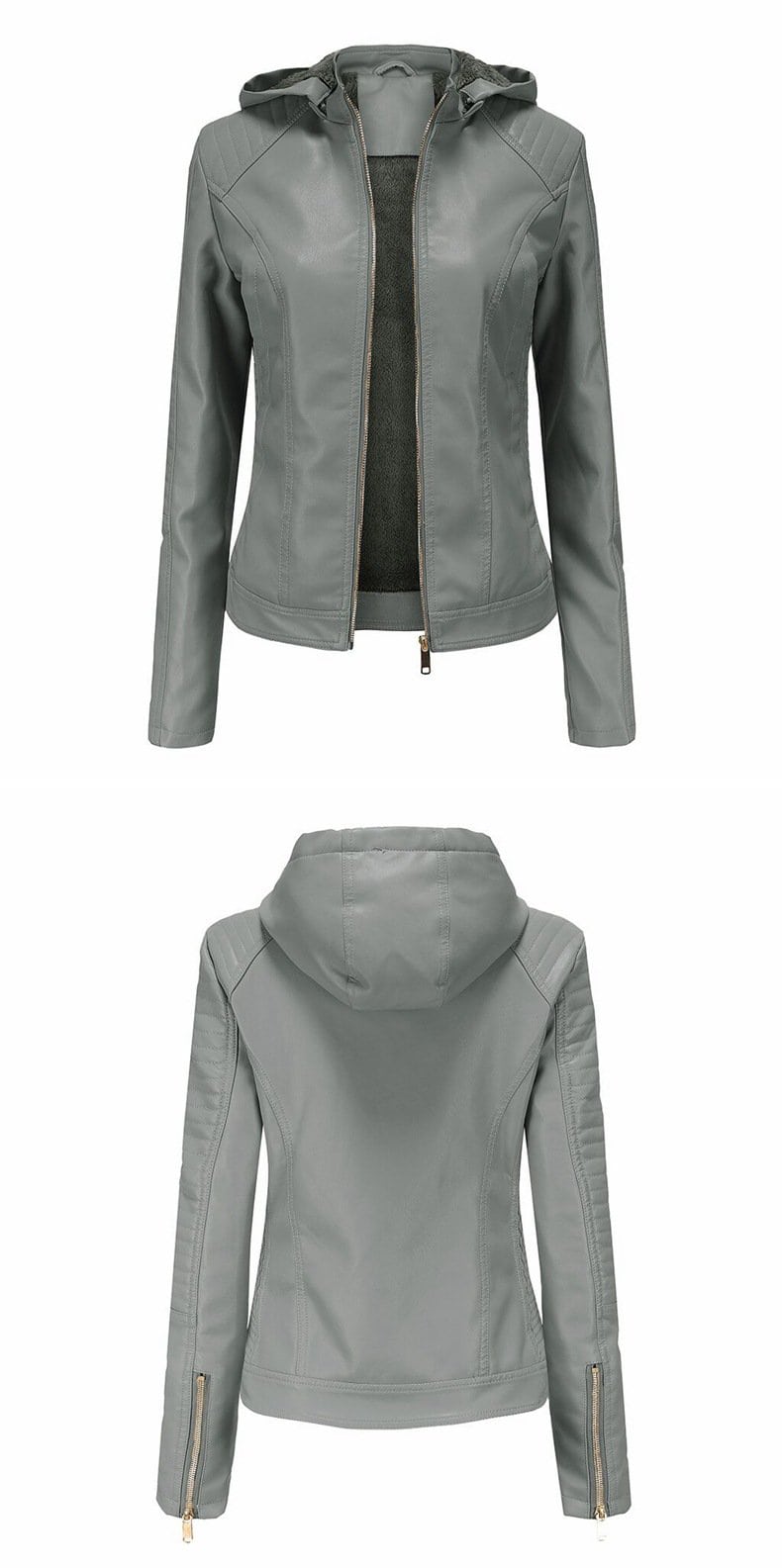 Grey leather jacket with hood and zips—elegance and style for modern women.