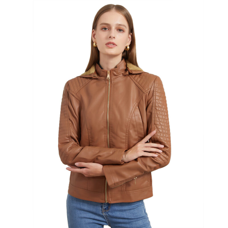 Veste en cuir femme doublée polaire grande taille 6677 n010-marron