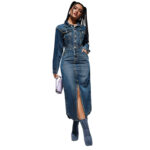 Robe en jean femme. Robe longue à col boutonné 218621-01