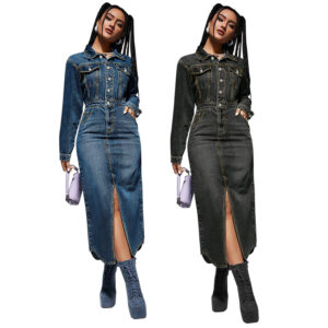 Robe en jean femme. Robe longue à col boutonné 218621