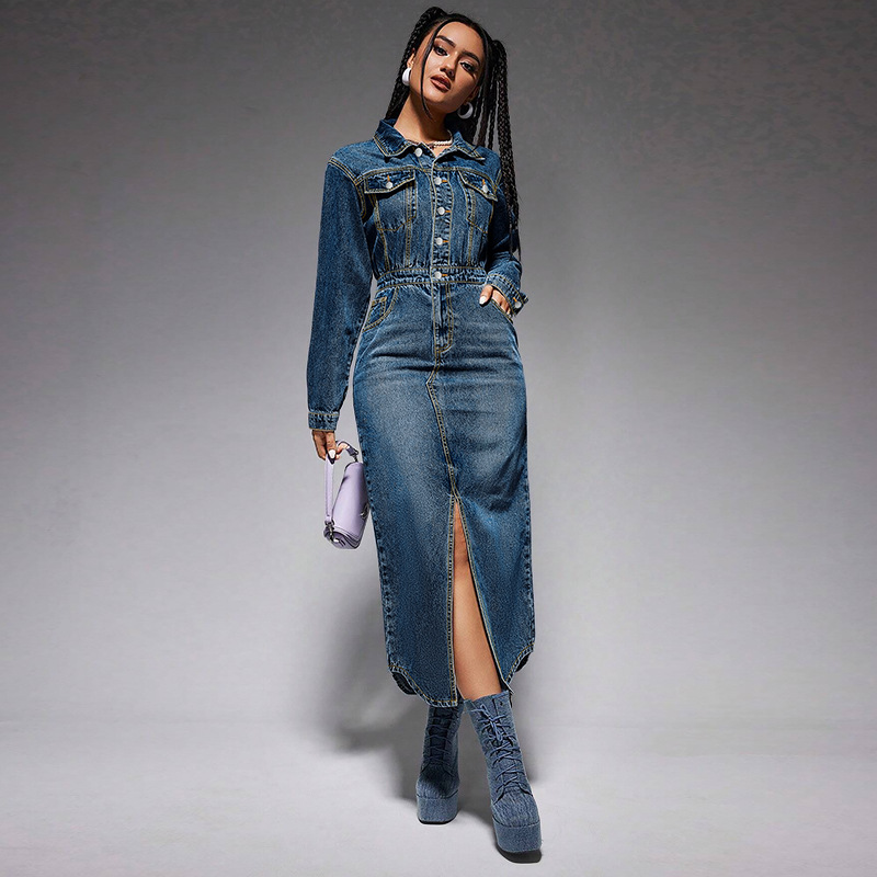 Women's denim dress. Long dress with button-down collar 218621 Demo 01