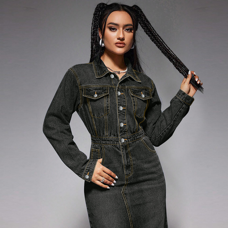 Women's denim dress. Long dress with button-down collar 218621 Demo 010