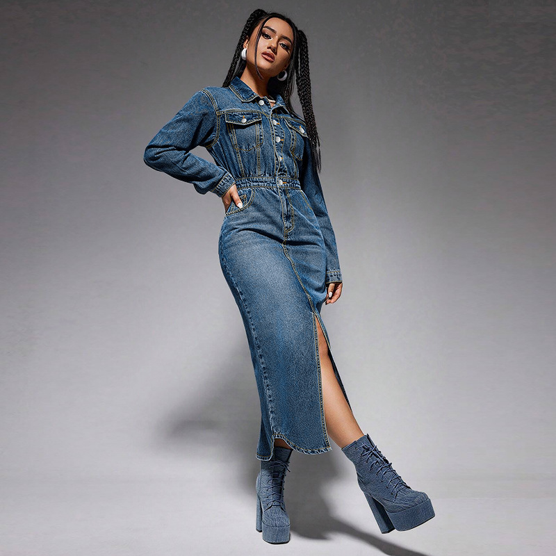 Women's denim dress. Long dress with button-down collar 218621 Demo 02