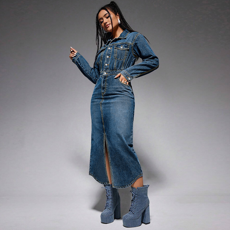 Women's denim dress. Long dress with button-down collar 218621 Demo 04