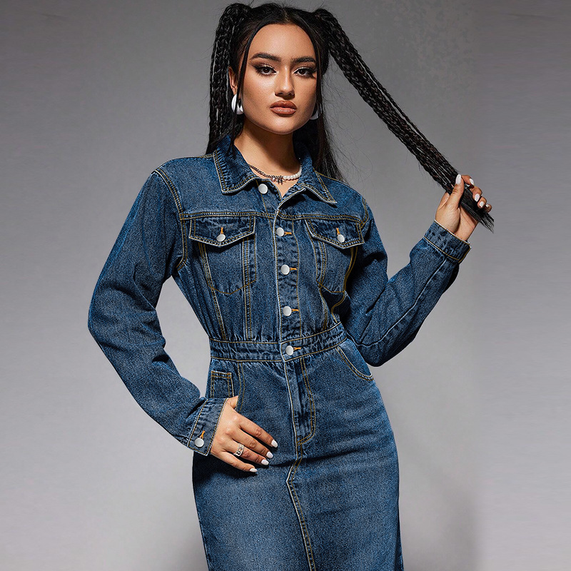 Women's denim dress. Long dress with button-down collar 218621 Demo 05