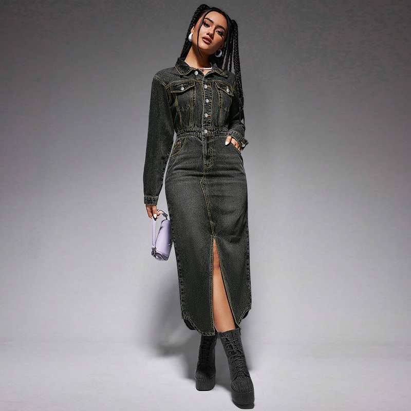 Women's denim dress. Long dress with button-down collar 218621 Demo 06