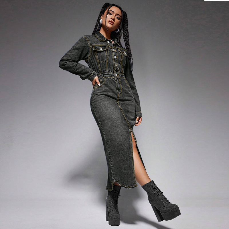 Women's denim dress. Long dress with button-down collar 218621 Demo 07