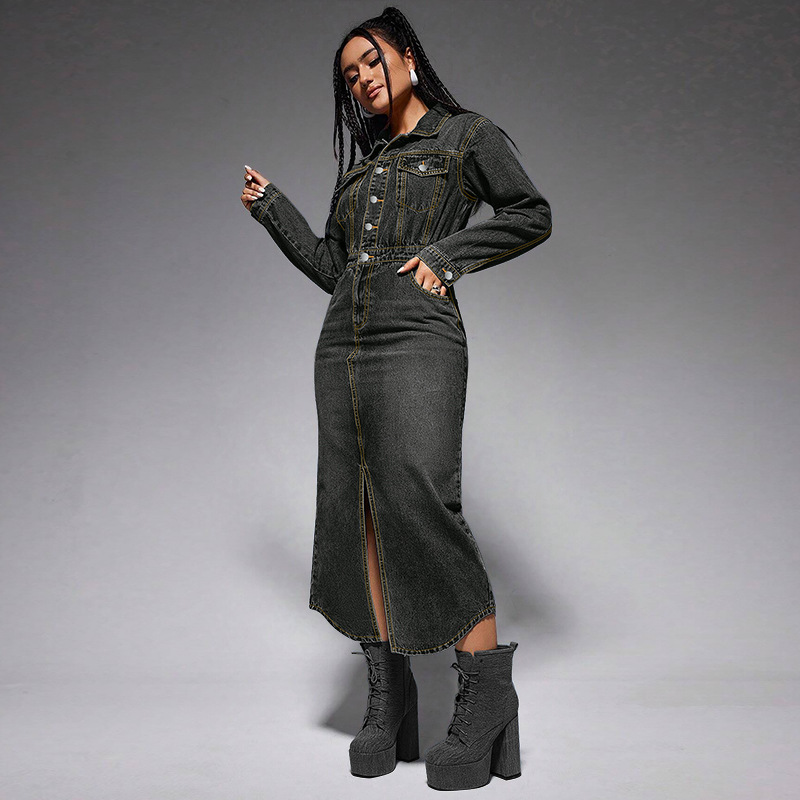 Women's denim dress. Long dress with button-down collar 218621 Demo 08