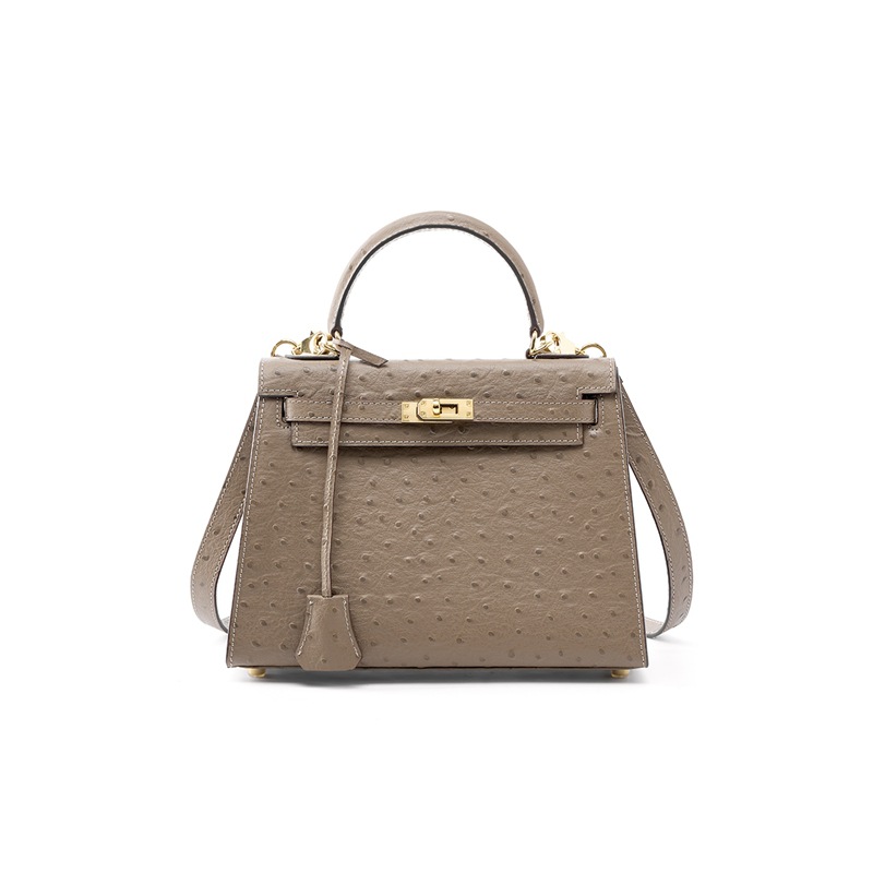 25 cm Gris Sac à main femme en cuir de vache haut grain à motif autruche, grande capacité KZYJ0 motif d’autruche KL- 002n