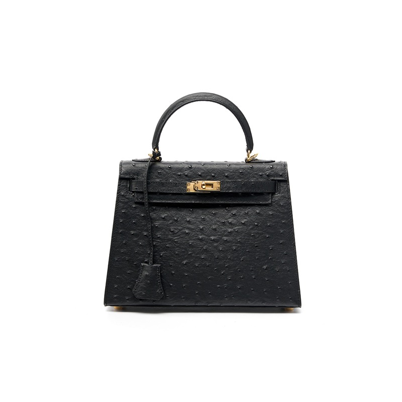 25 cm Noir Sac à main femme en cuir de vache haut grain à motif autruche, grande capacité KZYJ0 motif d’autruche KL- 002n