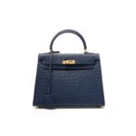 25 cm bleu royal Sac à main femme en cuir de vache haut grain à motif autruche, grande capacité KZYJ0 motif d’autruche KL- 002n