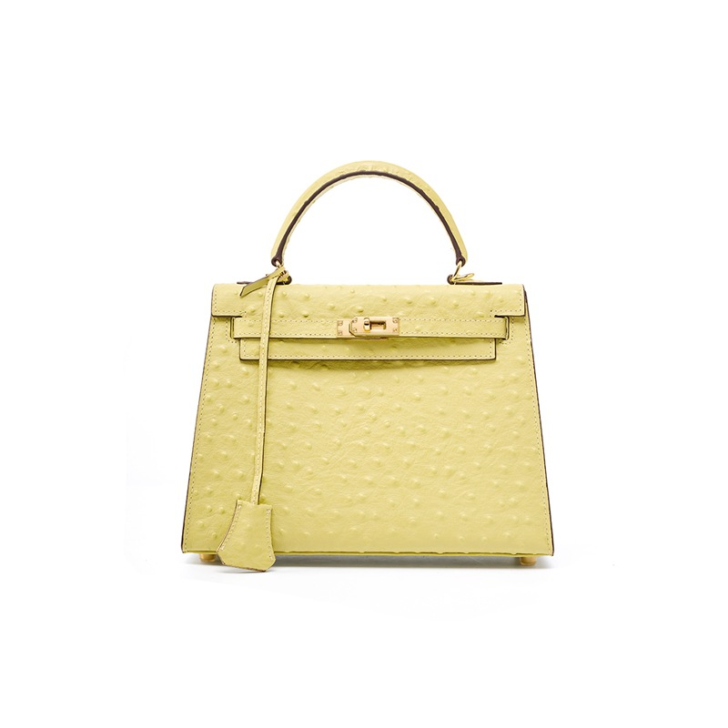 25 cm jaune Sac à main femme en cuir de vache haut grain à motif autruche, grande capacité KZYJ0 motif d’autruche KL- 002n